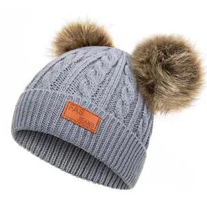 Gray Thermal Cable Knit Beanie Winter Hat Faux Fur Pom Poms. Elastic. 0-5 Years